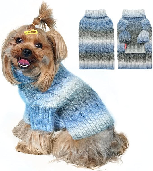 KYEESE Dog Sweater for Small Dogs Thick Cable Knit Dog Turtleneck Knitwear Warm with Sleeves Puppy Sweater Fuzzy, Blue, Small