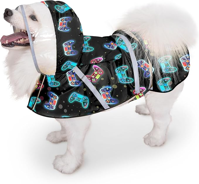 Dog Raincoat, Adjustable Rain Jacket with Hooded Double Layer for Large Medium Small Dogs Puppies, Lightweight Waterproof Rain Coat Poncho with Reflective Stripe Game Controller Black,XL