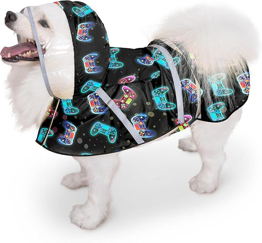 Dog Raincoat, Adjustable Rain Jacket with Hooded Double Layer for Large Medium Small Dogs Puppies, Lightweight Waterproof Rain Coat Poncho with Reflective Stripe Game Controller Black,XL