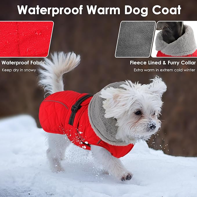 Dog Coat, Waterproof Dog Winter Jacket with Adjustable Buckle, Reflective Turtleneck Pet Snow Vest Warm Fleece Sweater for Small Medium Large Dogs - Red, L