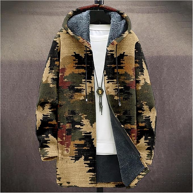 Mens Aztec Print Hoodie Heavyweight Cotton Fleece Jacket Zip Up Warm Long Sleeve Hooded Winter Midi Coat