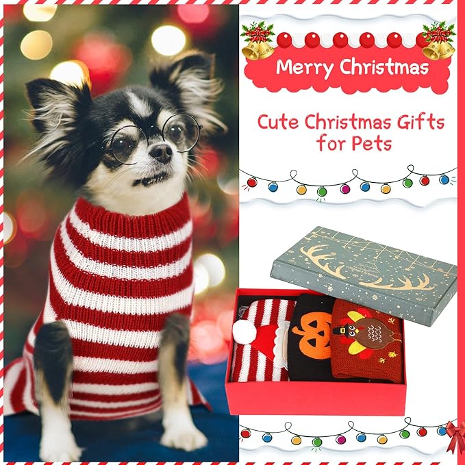 Sanwuta 3 Pieces Halloween Thanksgiving Christmas Dog Sweaters Sets Pumpkin Turkey Santa Puppy Dog Clothes Pet Knitwear for Dog Cat Pet Costume(Small)
