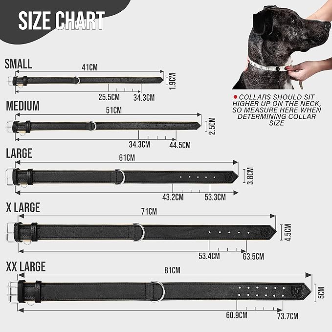 Riparo Genuine Leather Padded Dog Heavy Duty K-9 Adjustable Collar (XXL: 2” Wide for 24”-29” Neck, Black)