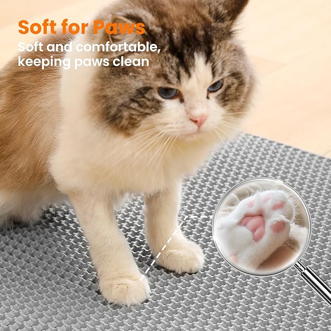 Extra Large Cat Litter Mat, 30x22 Inches Honeycomb Double Layer Cat Litter Trapping Mat, Non Slip Waterproof Urine Proof Large Kitty Litter Box Mat for Floor, Kitten Supplies, XL, Gray