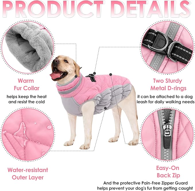 AOFITEE Dog Coat, Warm Dog Winter Coat, Reflective Turtleneck Large Dogs Jacket with Harness Built in, Turtleneck Pet Winter Jacket, Waterproof Pet Snow Jackets Fleece Vest, Pink XL