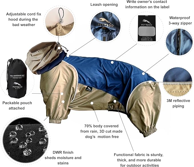 Dog Lightweight Windbreaker, Pet Outdoor Sports Jacket, 0.5 lbs,3 in One, Hooded, Easy on/Off with Collar and Harness, Reflective Piping, Packable, Dog Hiking/Camping, Navy Blue-3XL