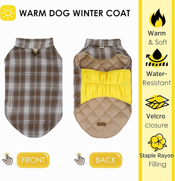 Quilted Dog Winter Coat, Plaid Lined Reversible Vest, Reflective Safety Strip, Cold Weather Pet Apparel Yellow XS