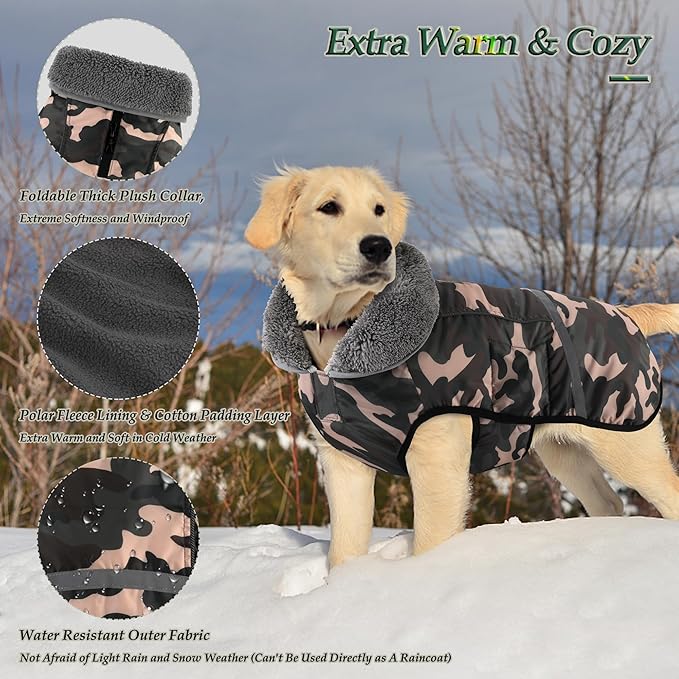 Dogcheer Warm Dog Coat, Waterproof Dog Jacket Christmas Puppy Winter Coat with Buckle, Reflective Adjustable Pet Snow Jacket Fleece Sweater for Small Medium Large Dogs - Dusty Pink Camo, 3XL