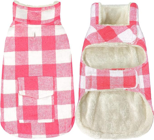 Malier Classic Plaid Fleece Dog Coat - Warm Winter Jacket with Pocket, Windproof - Pink, Small