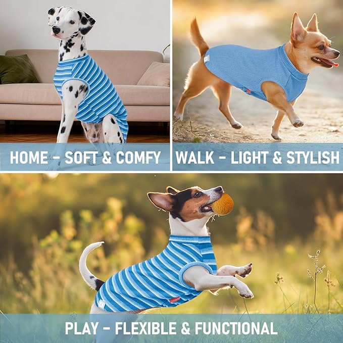 KYEESE 2Pack Waffle Dog Shirts for Small Dogs Stretchy Dog T-Shirts Lightweight Pet Tank Top Sleeveless Striped Pet Shirt Vest Breathable Cat Shirt, Small, Blue+Striped