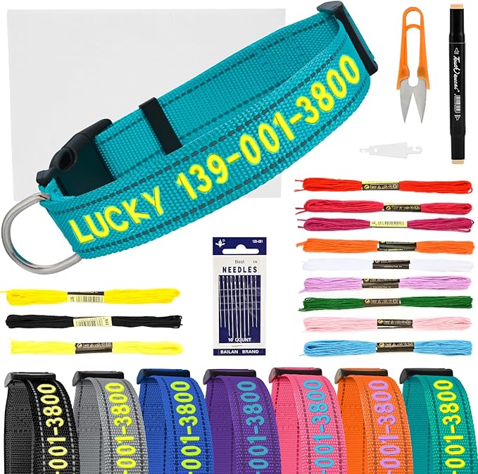 Personalized Embroidered Dog Collar - Custom Hand-Stitched Name & Number, Reflective Adjustable Pet Collar for Small/Medium/Large Dogs & Cats, Durable Nylon with Steel D-Ring (Teal, Large)