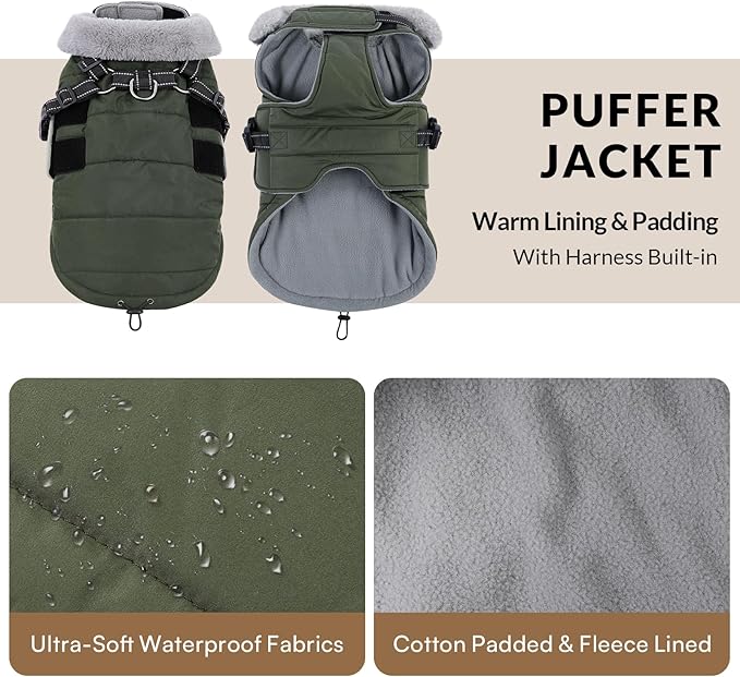 Queenmore Winter Dog Jackets for Extra Large Dogs with Harness Built-in, Waterproof Puffer Coat for Large Breed, Pet Snow Jacket for Winter/Cold Weather - Fleece Easy On Reflective, Green XL