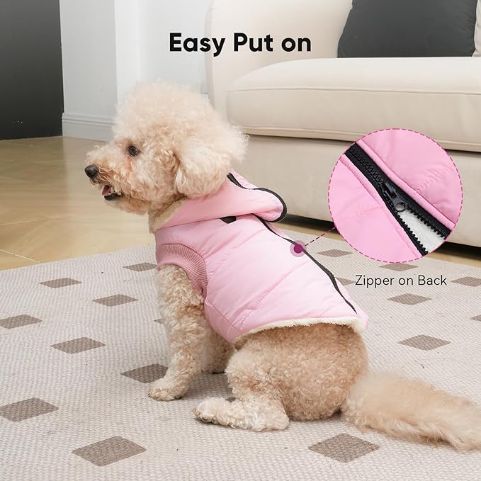 Fleece Lining Dog Hoodie with Harness Built in,Extra Warm Small Dog Jacket in Winter Puppy Coats with Hooded,Light Pink XS