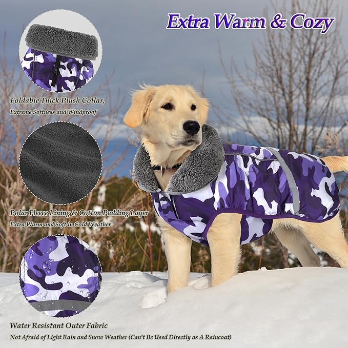 Dogcheer Warm Dog Coat, Waterproof Dog Jacket Christmas Puppy Winter Coat with Buckle, Reflective Adjustable Pet Snow Jacket Turtleneck Fleece Sweater for Small Medium Large Dogs - Camo Purple, 2XL