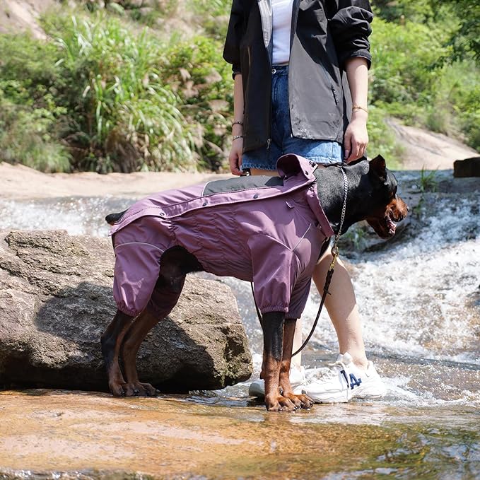LOVELONGLONG Waterproof Dog Raincoat with Removable Hood – Outdoor Full Body Dog Jacket, Windproof Snowproof Shell Suit – All Season Pet Rain Gear Plum Purple XXL