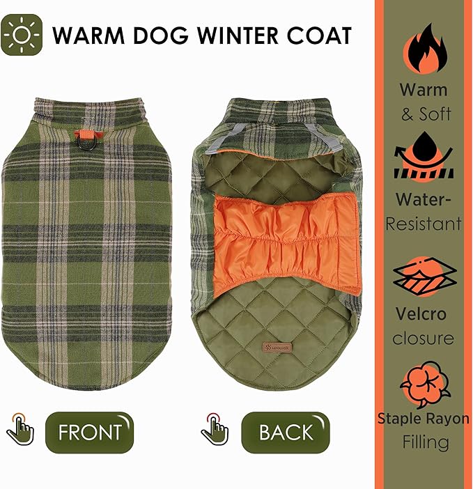 Quilted Dog Winter Coat, Plaid Lined Reversible Vest, Reflective Safety Strip, Cold Weather Pet Apparel Army Green XS