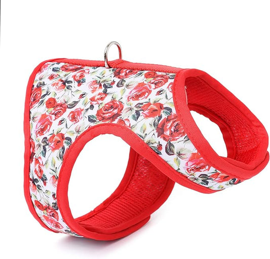 Mile High Life Dog Harness, Air Mesh Floral Vest Harness for 20 lbs Small Dogs & Cats, Easy Get on Adjustable Easy Closures Both Neck and Chest(Red Rose, XS Chest 14"-16")
