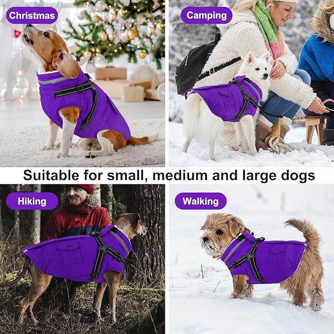 Dogcheer Dog Coat with Harness, Waterproof Warm Dog Winter Jacket with Pockets, Reflective Pet Fleece Jacket Turtleneck Snowsuit for Small Medium Large Dogs - Purple, M