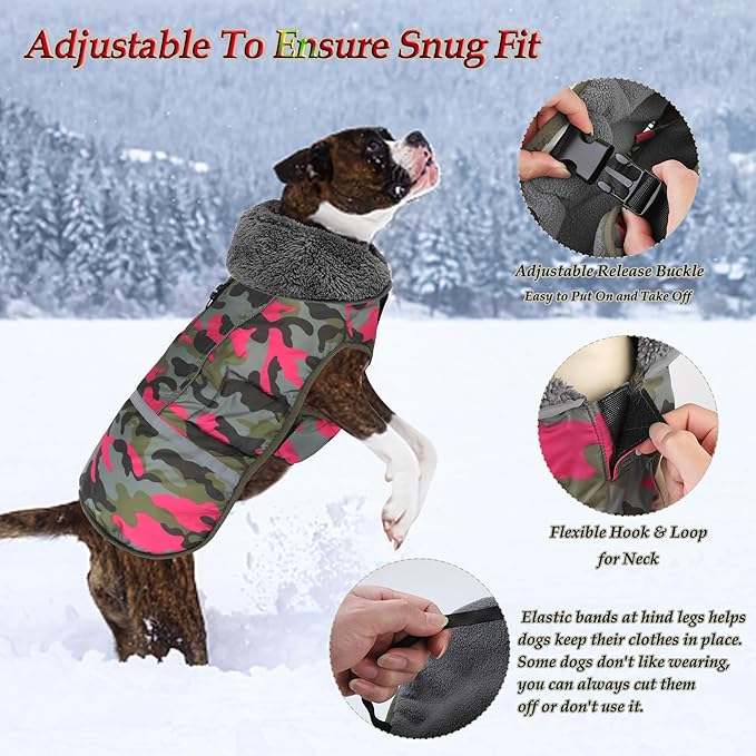 Dogcheer Warm Dog Coat, Waterproof Dog Jacket Reflective Adjustable Puppy Winter Coat with Buckle, Christmas Pet Snow Jacket Turtleneck Fleece Sweater for Small Medium Large Dogs - Camo Pink, XL