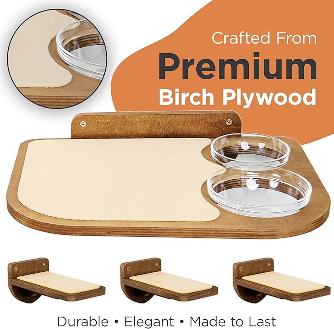 INICIO Cat Wall Shelves – Dog Proof Feeding Station with Wall Mounted Shelves, Durable 3 Step Birch Floating Shelf for Cats Up to 15lbs, Includes Attached Cat Food Bowl for Convenient Feeding – Brown