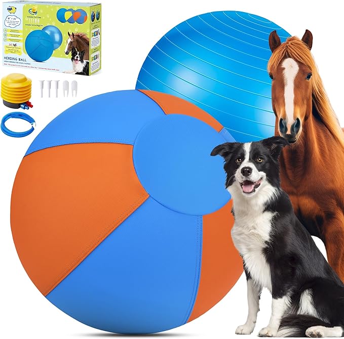 Herding Ball for Dogs and Horses - 18" Jolly Ball for Dogs, Agility Training Equipment, Herding for Australian/German Shepherd, Improved Bite-Resistant, Reinforced Sewing Dog Toys - Blue&Orange (NEW)