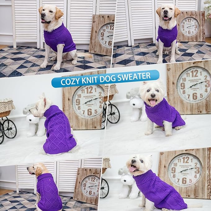 Mihachi Turtleneck Dog Sweater - Winter Coat Apparel Classic Cable Knit Clothes with Leash Hole for Cold Weather, Ideal Gift for Pet in New Year Purple Large