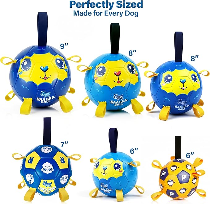 Race&Herd 9" Jolly Soccer Ball for Dogs - Tough Durable Dog Ball Toy with Straps, Pet Bouncy Herding Balls for Dogs, Floating Dog Balls with Tags for Water Fetch (BaaBaaBall, Daddy Sheep)