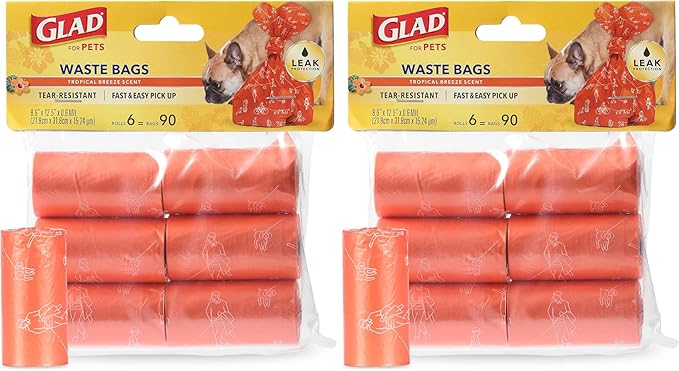 GLAD for Pets Large Dog Waste Bags, Scented, Tear-Resistant, 6 Rolls | Heavy Duty Dog Poop Bags for Fast and Easy Dog Waste Cleanup | 6 Rolls Waste Bags, 90 Bags Total (Pack of 2) FF19546