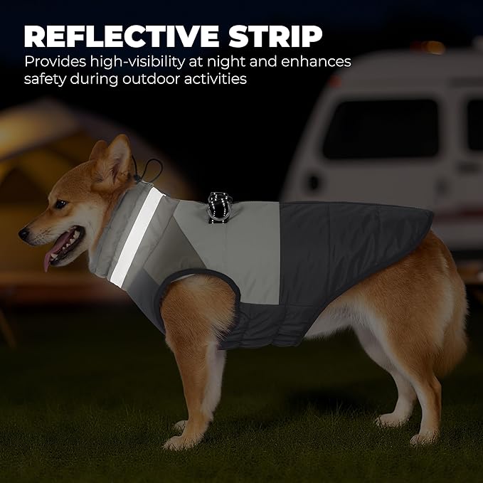 Dog Coat, Waterproof Dog Winter Jacket with Harness Built in, Turtleneck Warm Doggie Cold Weather Coats, Reflective Pet Vest for Indoor & Outdoor, Windproof Dogs Snowsuit, Grey Large