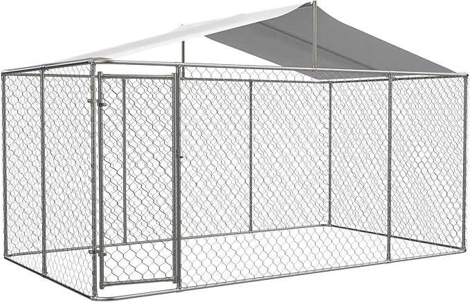 Outdoor Dog Enclosure,Heavy Duty Dog Kennel House Mesh Outside,Galvanized Chain Link Dog Run with Roof,Dog Cage Large Dogs,Dog Pen,Pet Kennel W/Waterproof Anti-UV Cover&Secure Lock for Large Dog