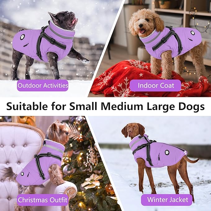Dogcheer Dog Coat with Harness, Waterproof Dog Jacket, Reflective Puppy Winter Jacket with Pocket, Doggy Turtleneck Fleece Vest for Small Medium Large Dogs - Taro Purple, M