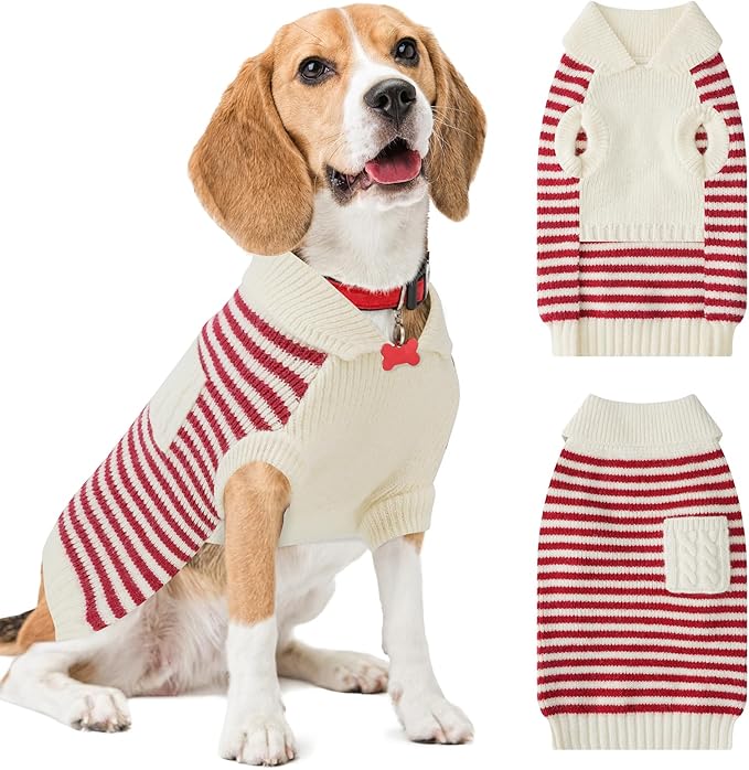 Small Dog Sweater, Knitted Striped Pullover Dog Clothes for Cold Weather, Thick Warm Cozy Stretchy Sweater for Chihuahua, Bulldog, Dachshund, Pug(Red & White Strip, M)