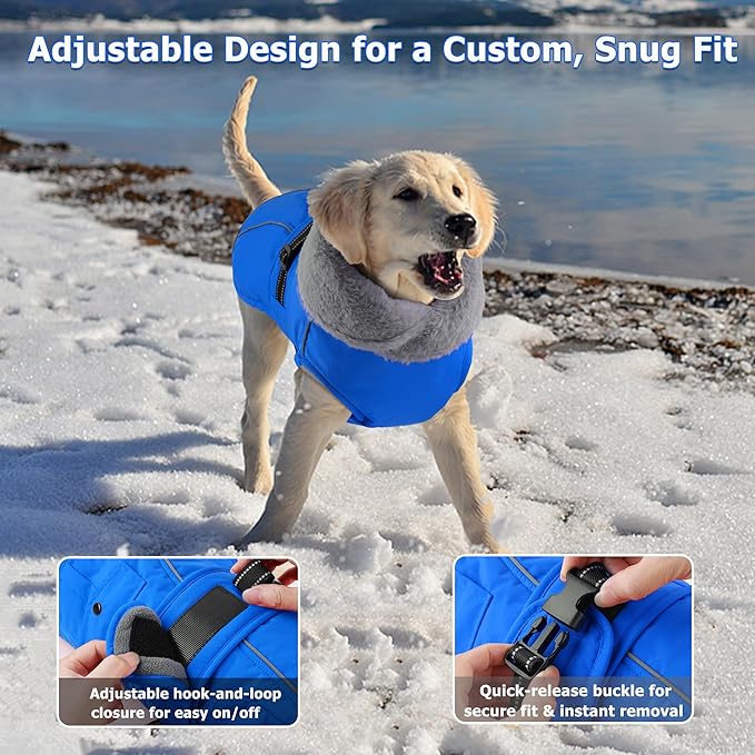 Dogcheer Dog Coat with Pocket, Waterproof Dog Jacket with Adjustable Buckle, Reflective Puppy Winter Coat Warm Turtleneck Fleece SnowJacket for Small Medium Large Dogs - Blue S