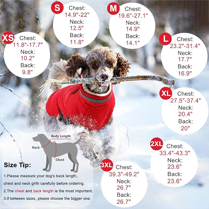 Dogcheer Dog Coat with Harness, Waterproof Dog Jacket Adjustable Pet Winter Coat with Zipper, Christmas Puppy Snow Jacket Fleece Sweater for Small Medium Large Dogs - Red S