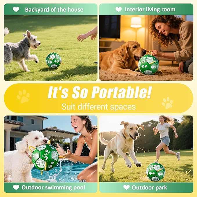 Size 2 Dog Soccer Ball with Straps Durable Training Ball for Pets Interactive Outdoor Dog Toy, Green & White, Paw Design, for Small & Medium Puppie