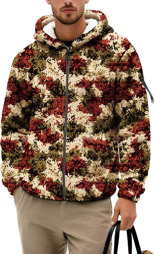 Men's Camouflage Hunting Fleece Lined Hoodie Camo Jackets Zip Up Long Sleeve Casual Winter Coats Hood Outerwear