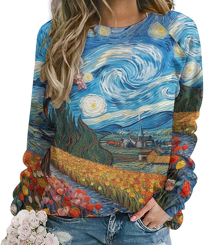 Long Sleeve Shirts for Women Cat Oil Painting Shirt 3D Graphic Sweatshirts Fall Pullover Crewneck Vintage Boho Tops