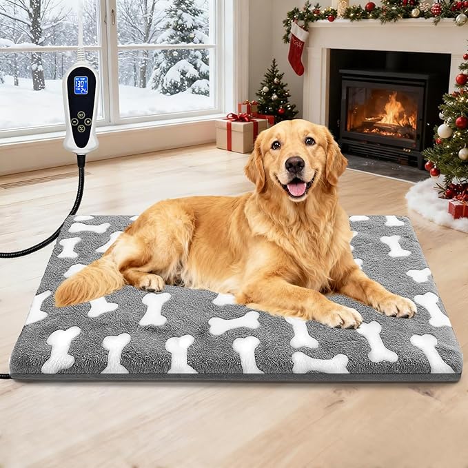 Bestio Extra Large Dog Heating Pad 47×30in Waterproof Heating Dog Bed Smart Constant Temperature Switch and Always On Function, Metal Protection Tube Puppy Bed - Gray