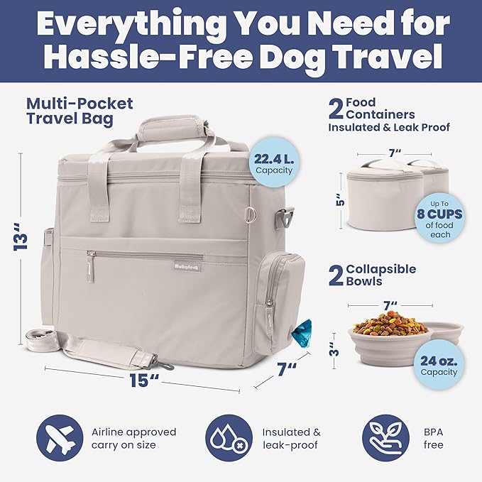 The Original Doggy Bag™ - Complete Dog Travel Bowl Bag for Supplies with 2 BPA-Free Travel Dog Bowls & 2 Food Containers - Traveling Kit for Road Trips, Camping, Weekend Away or Doggy Gift - Beige