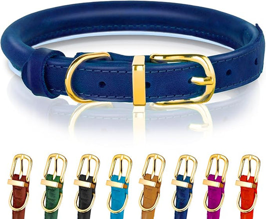 OOPSDOGGY Reflective Rolled Leather Dog Collar Adjustable Soft Padded Pet Collar for Small Medium Large Breed Dogs (Blue, XS, 8"-11")