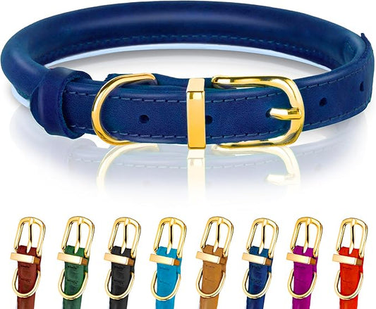 OOPSDOGGY Reflective Rolled Leather Dog Collar Adjustable Soft Padded Pet Collar for Small Medium Large Breed Dogs (Blue, XXL, 20"-24")