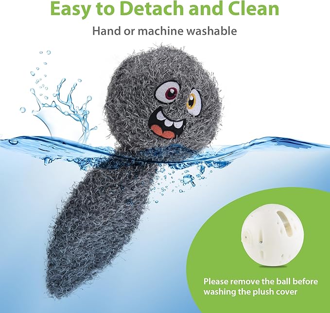 PETGEEK Interactive Squeaky Dog Toy, Automatic Moving Vibrating Dog Balls with Plush Cover, Rechargeable Perro Juguetes with Recording and Music Mode, Crinkle Pet Plush Toy for Boredom, Grey