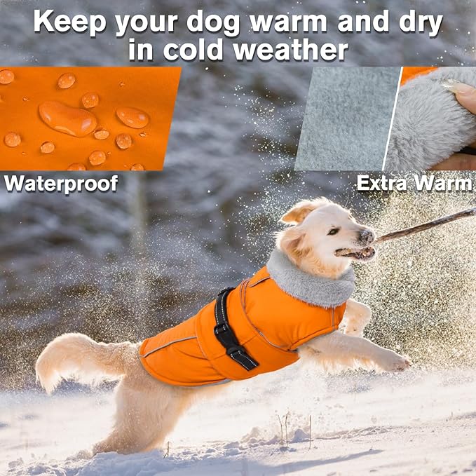 Lelepet Dog Coat Waterproof Dog Jacket Reflective Fleece Vest with Adjustable Buckle & Leash Hole Windproof Cold Weather Coats for Small Medium Large Dogs, Warm Hunting Vest, Orange, XXXL
