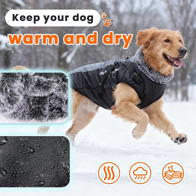 Dog Coat for Medium Large Dogs,Waterproof Reflective Dog Winter Jacket with Harness, Fleece Snowsuit,Warm Pet Winter Coat(Reflective White-XL)