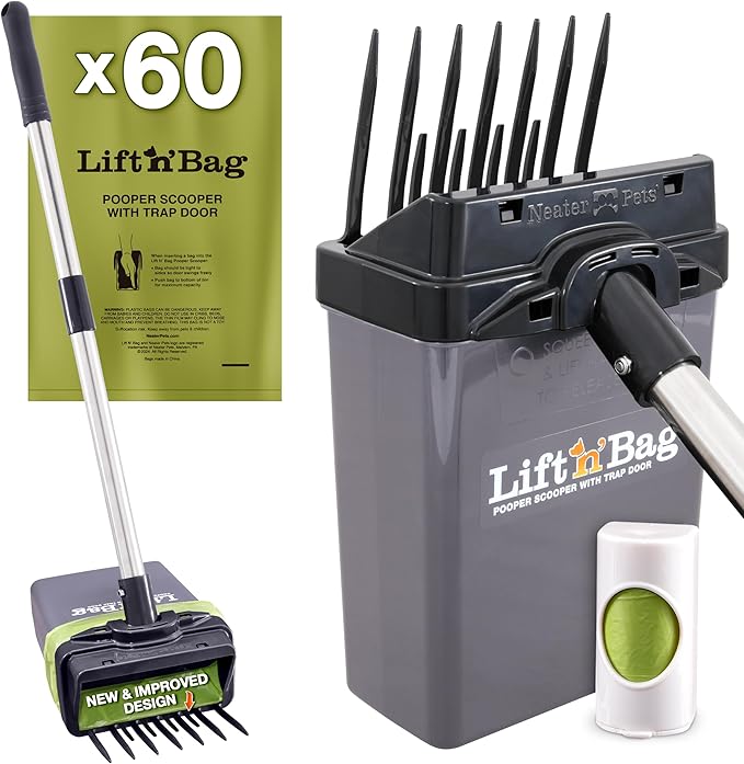 Neater Pet Brands Lift N’ Bag 2.0 Dog Pooper Scooper with Bag Attachment & 27" Pole for Small to Large Dogs, New & Improved Design, 60 Refill Bags, Heavy Duty Dog Poop Scooper for Yard, One-Hand Use