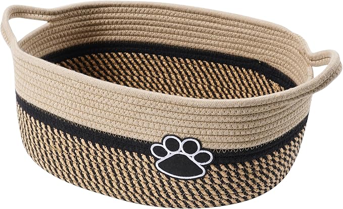 Small Woven Baskets for Organizing Rope Storage Basket with Handle Cute Cotton Nursery Gift Dog Toy Bins Organizer-Black&Beige