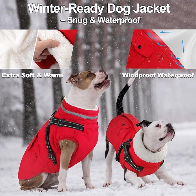 Dogcheer Dog Coat with Harness, Waterproof Warm Dog Winter Jacket with Pockets, Reflective Pet Fleece Jacket Turtleneck Snowsuit for Small Medium Large Dogs - Red, 3XL