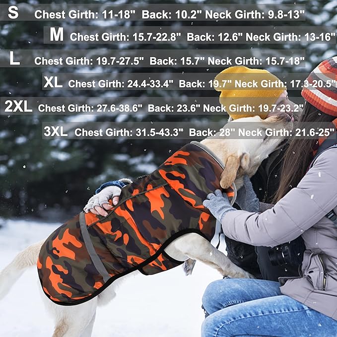 Dogcheer Warm Dog Coat, Waterproof Dog Jacket Christmas Puppy Winter Coat with Buckle, Reflective Adjustable Pet Snow Jacket Turtleneck Fleece Sweater for Small Medium Large Dogs - Orange Camo, S