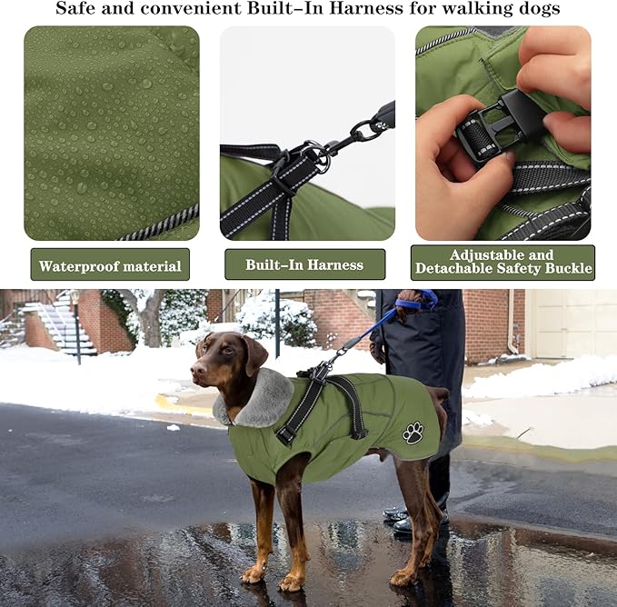 Doglay Dog Coat with Harness, Reflective Warm Dog Jacket Waterproof Puppy Winter Coat for Cold Weather, Adjustable Fleece Jacket for Small Medium Large Dogs