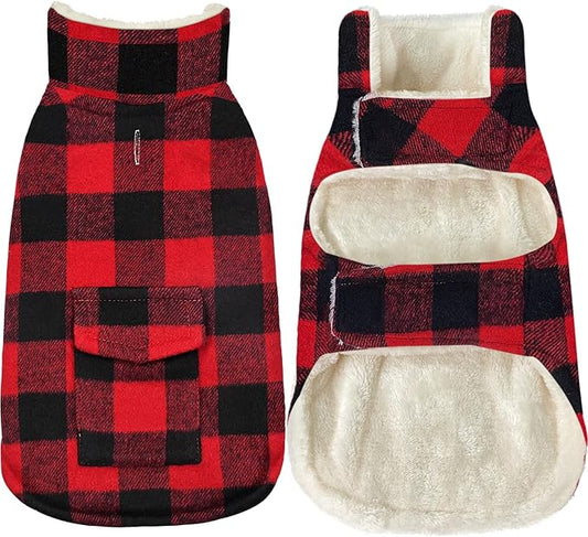 Malier Dog Winter Coat, Classic Plaid Fleece Dog Cold Weather Coats Dog Jacket with Pocket, Windprood Warm Dog Coat Vest Winter Pet Clothes Apparel for Small Medium Large Dogs (Red, Small)
